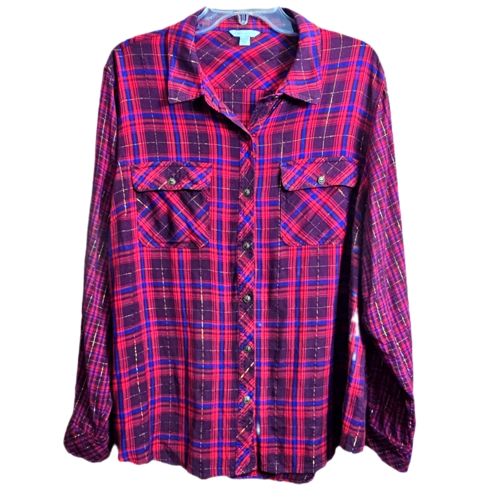 Cato womens Plaid buttoned down shirt plus 18 20 w red blue gold long sleeve